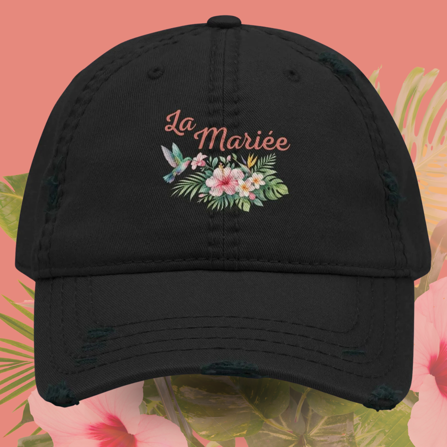 Casquette noire La Mariee avec motif floral tropical et colibri, accessoire ideal pour EVJF, future mariee, bachelorette party et mariage destination ete noir.