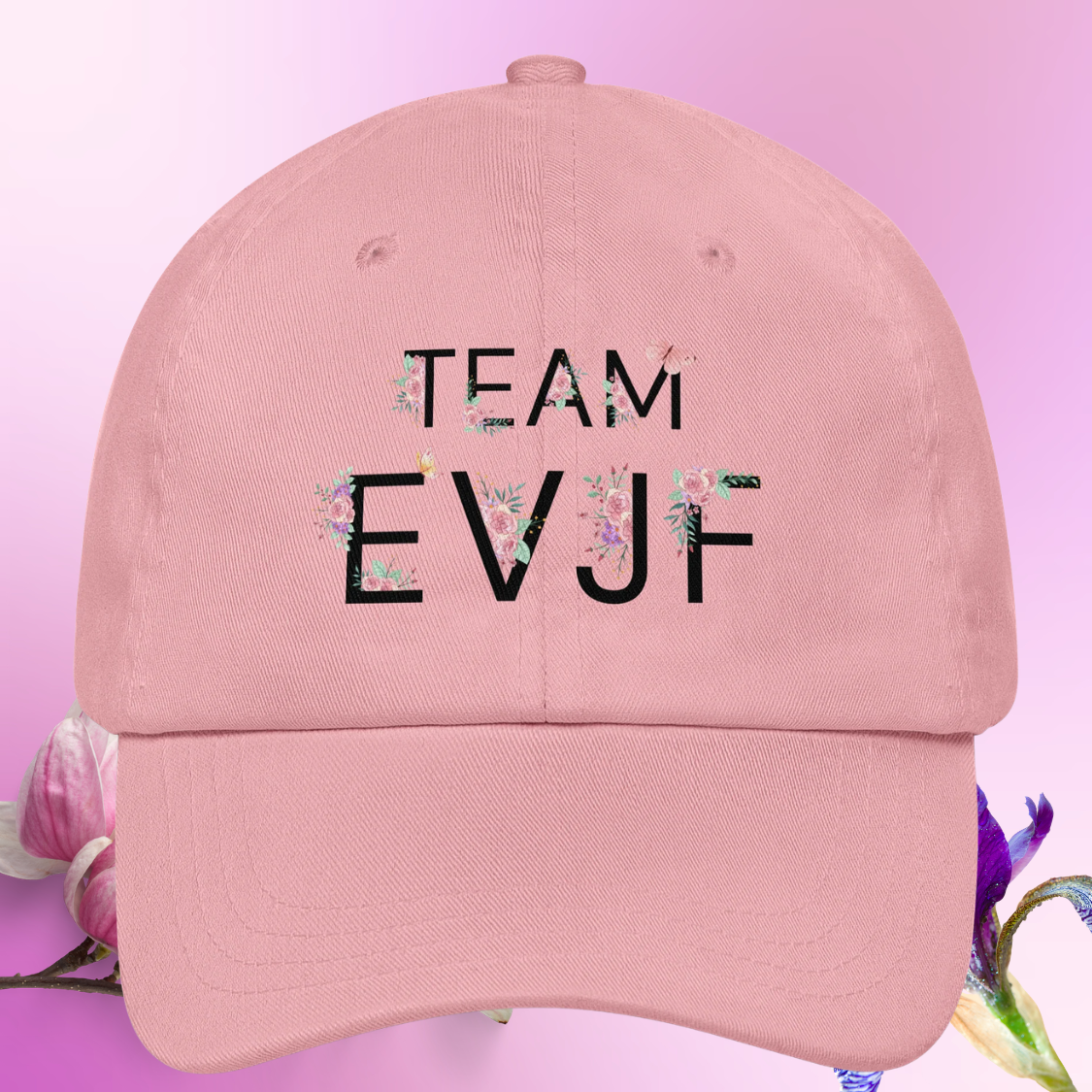 Casquette rose Team EVJF avec inscription , parfaite pour equipe de la mariee lors dun enterrement de vie de jeune fille.