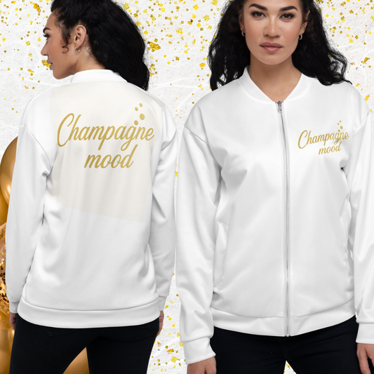 White bomber jacket with gold Champagne Mood lettering shown front and back, elegant white and gold outfit for bridal shower, bachelorette party or celebration