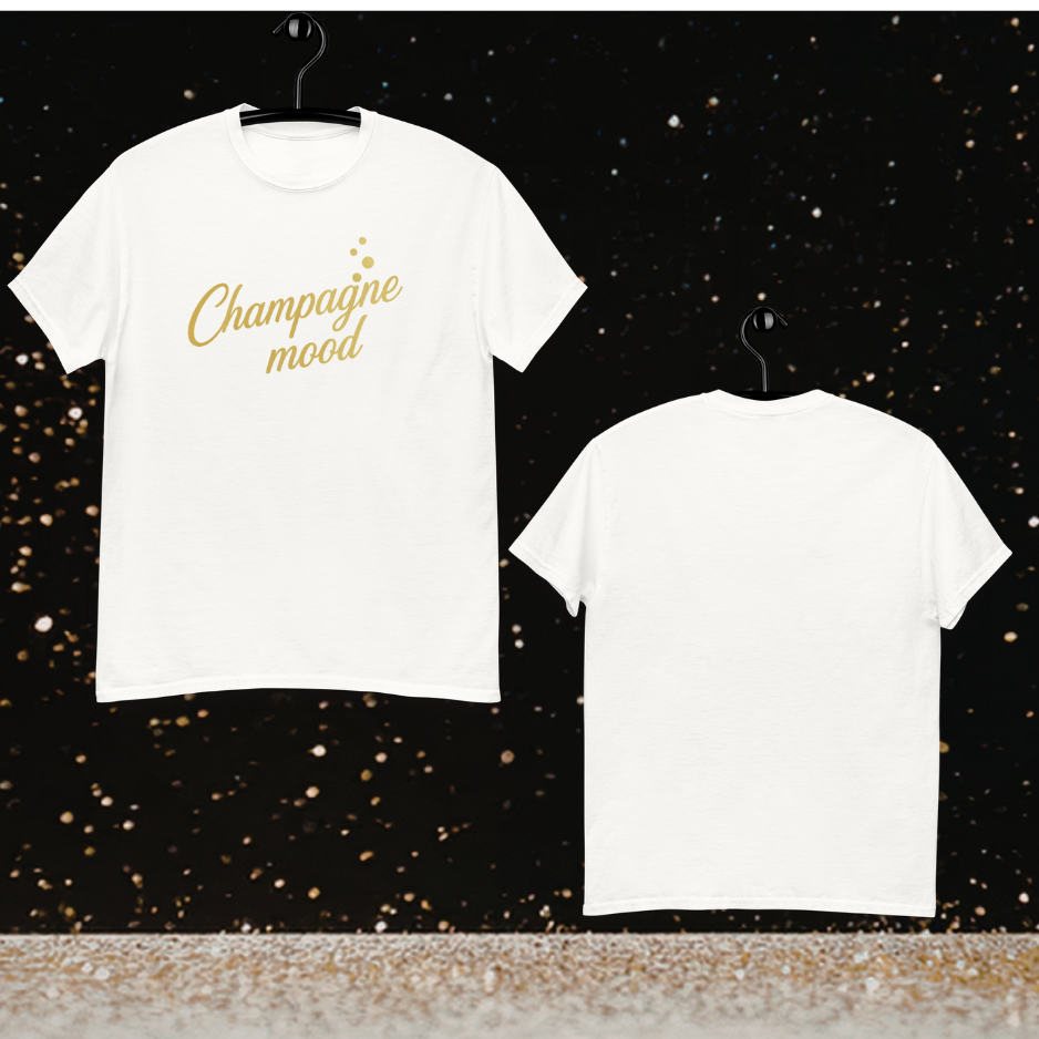 White Champagne Mood t-shirt with gold script shown front and back on hanger, elegant white and gold shirt for champagne themed party or bridal celebration