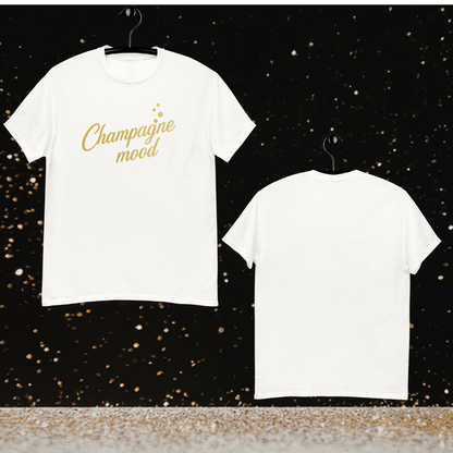 White Champagne Mood t-shirt with gold script shown front and back on hanger, elegant white and gold shirt for champagne themed party or bridal celebration