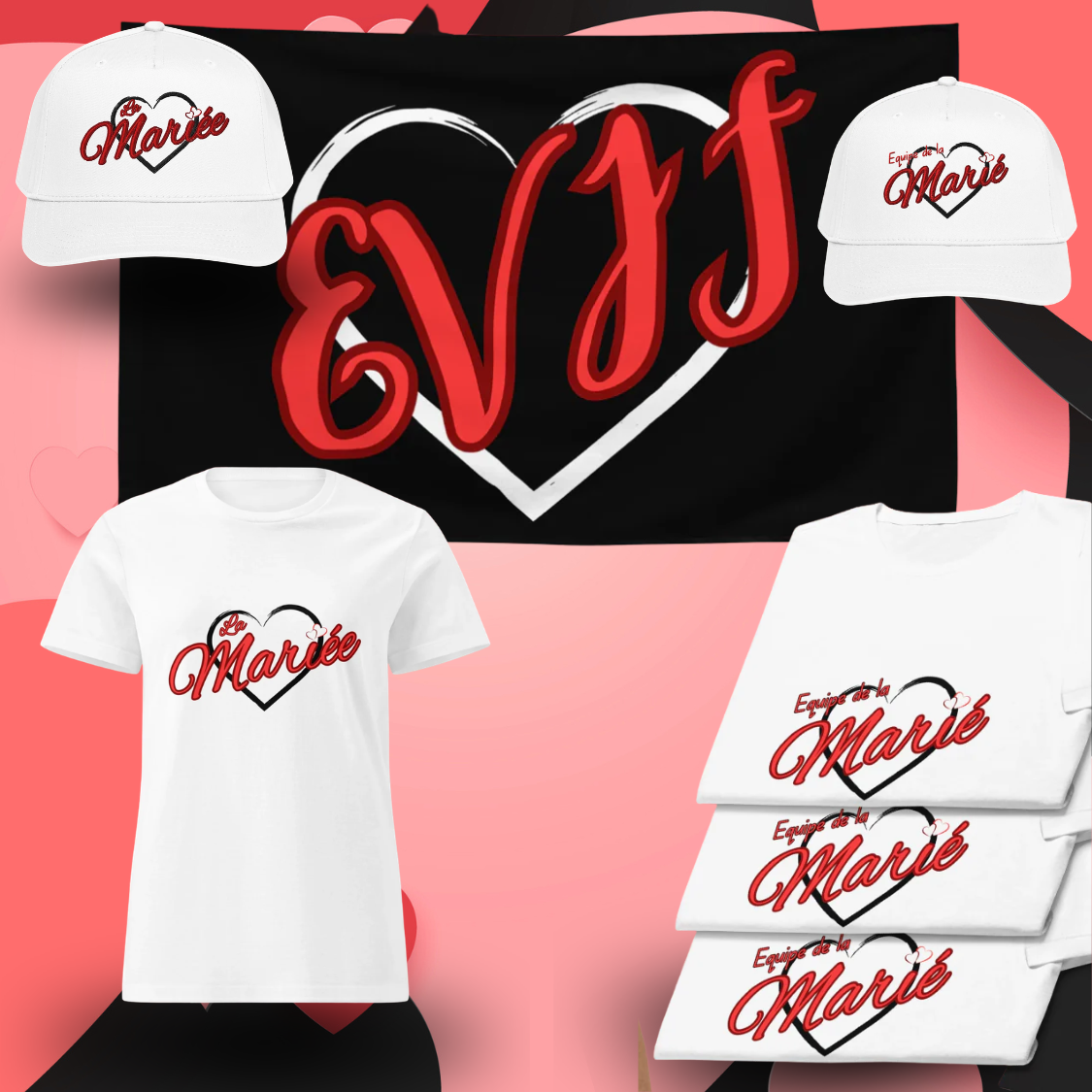 Decoration EVJF avec drapeau EVJF noir, t shirts bride et casquettes assorties pour enterrement de vie de jeune fille entre amies.