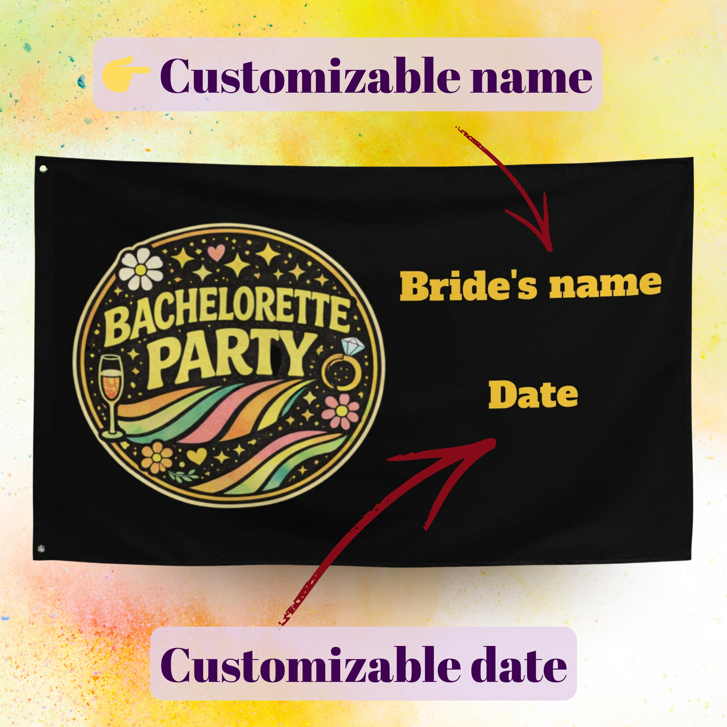 Custom bachelorette party flag with bride’s name and event date, retro style party decoration banner ideal for bridal shower or hen party celebration black