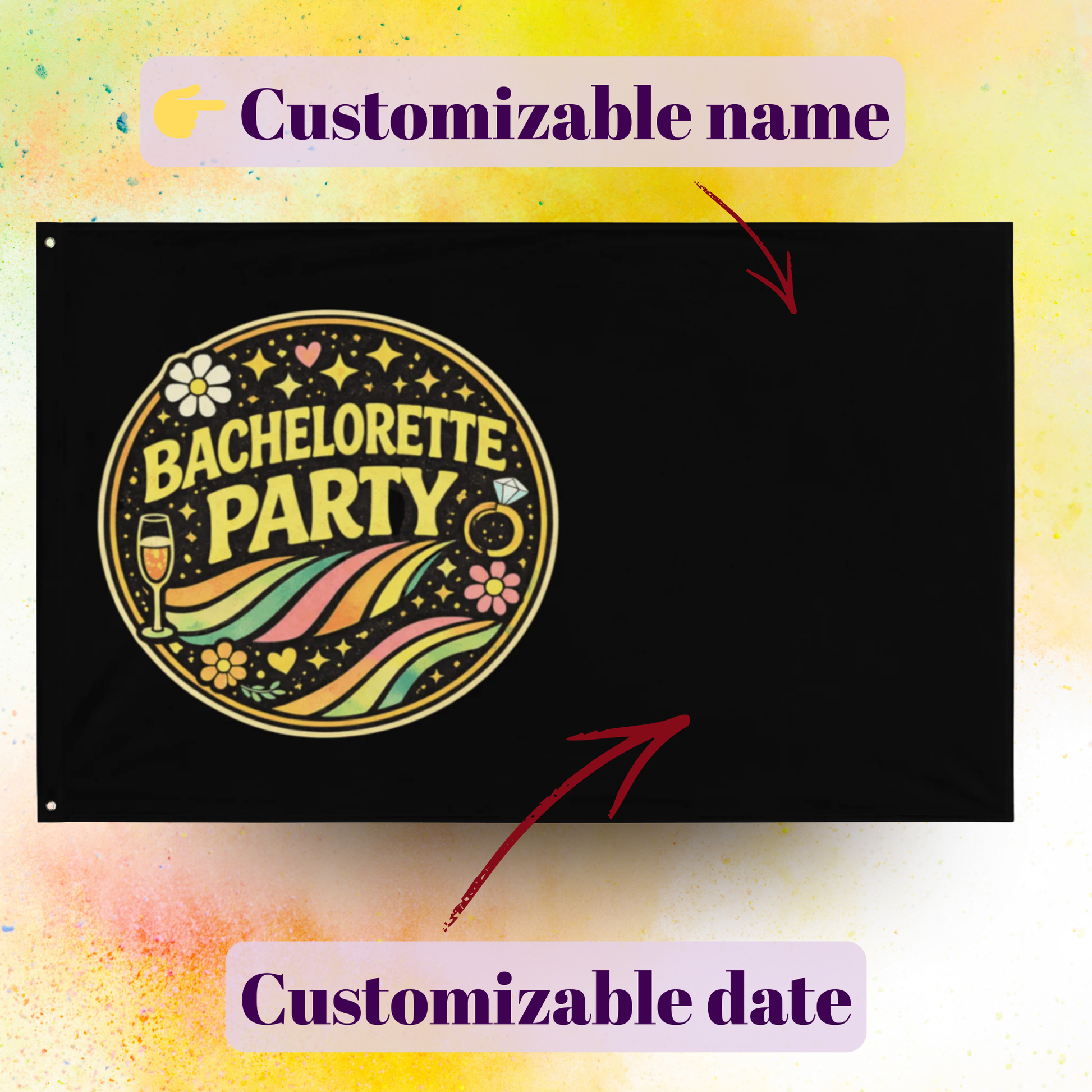 Custom bachelorette party flag with bride’s name and event date, retro style party decoration banner ideal for bridal shower or hen party celebration black