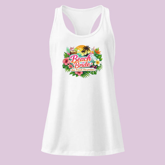 Débardeur blanc Beach Bride collection tropical, vue de face, design floral coloré au centre, style léger et respirant pour future mariée.
