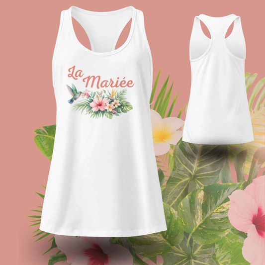 Debardeur blanc La Mariee avec motif floral tropical et colibri, top femme ideal pour EVJF, future mariee et mariage destination ete blanc.