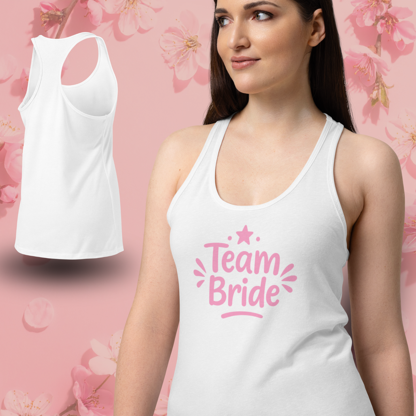 Femme portant un debardeur noir Team Bride rose, vetement EVJF tendance pour fete pre nuptiale noir.
