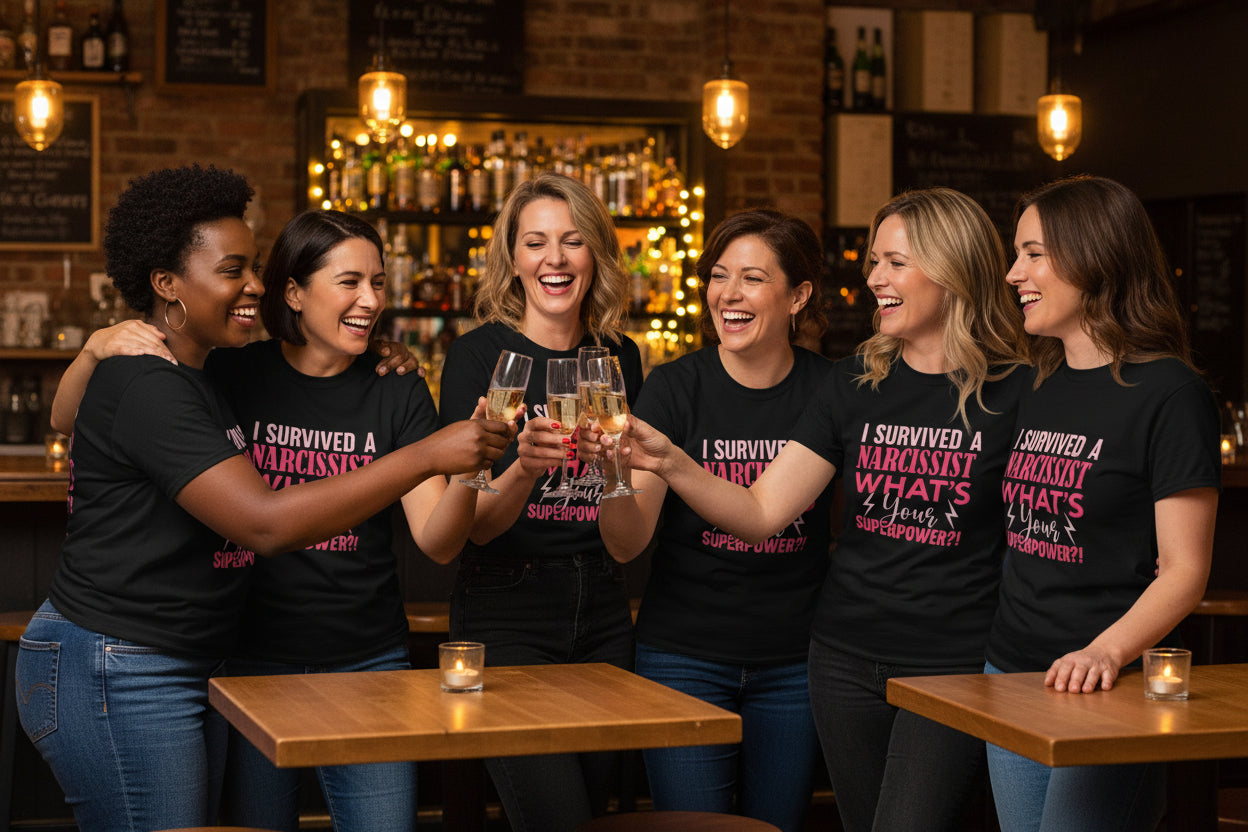 Groupe de femmes faisant la fête lors d’une Divorce Party, portant le t-shirt femme “I Survived a Narcissist”. Ambiance joyeuse, esprit de sororité et célébration d’un nouveau départ.