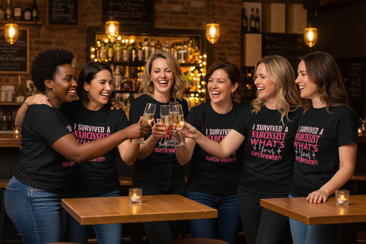 Groupe de femmes faisant la fête lors d’une Divorce Party, portant le t-shirt femme “I Survived a Narcissist”. Ambiance joyeuse, esprit de sororité et célébration d’un nouveau départ.