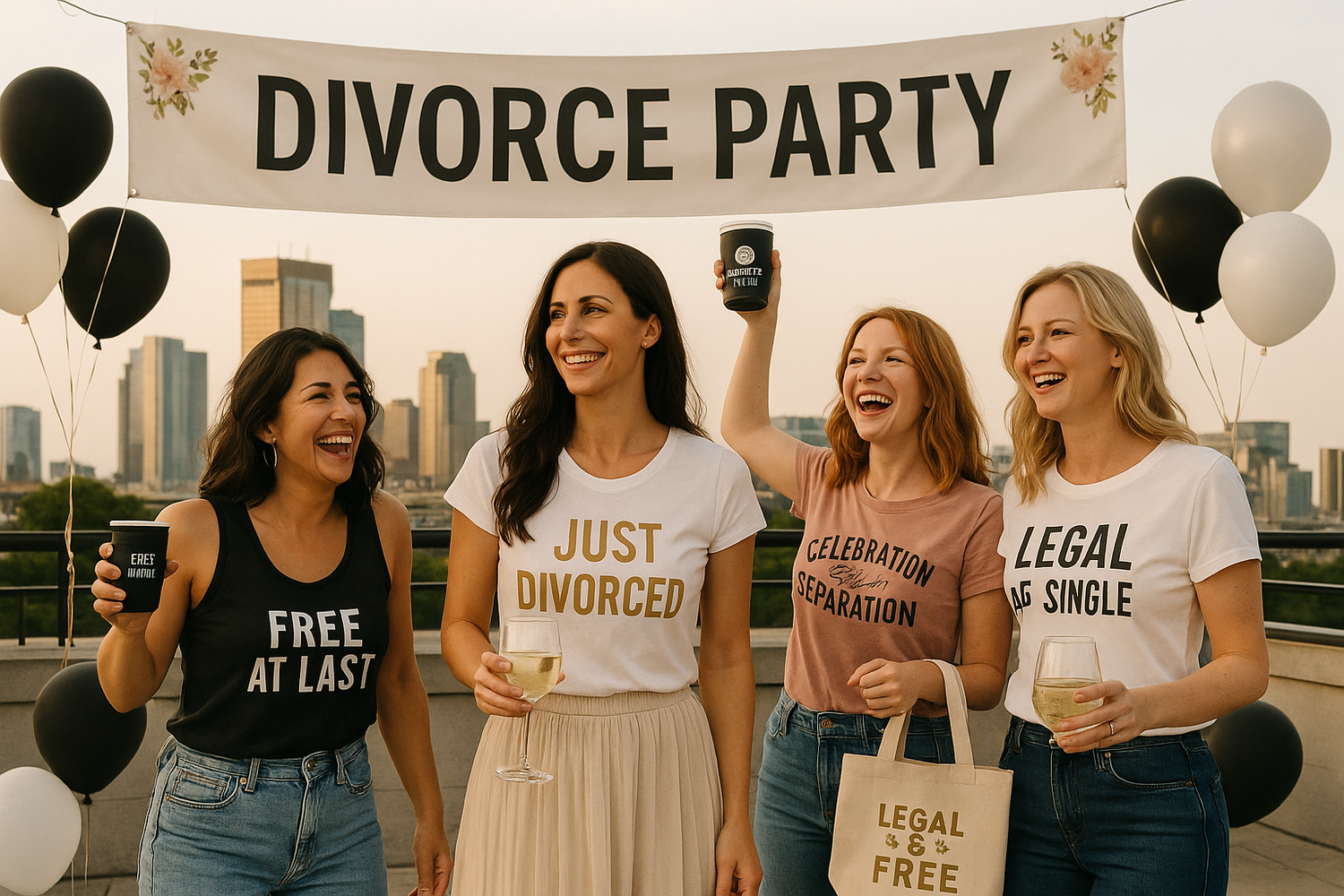Group of women celebrating in a bold, upbeat setting, wearing coordinated pieces from the “Divorce Party – Collection New Start,” highlighting a fun and empowering new-chapter vibe.