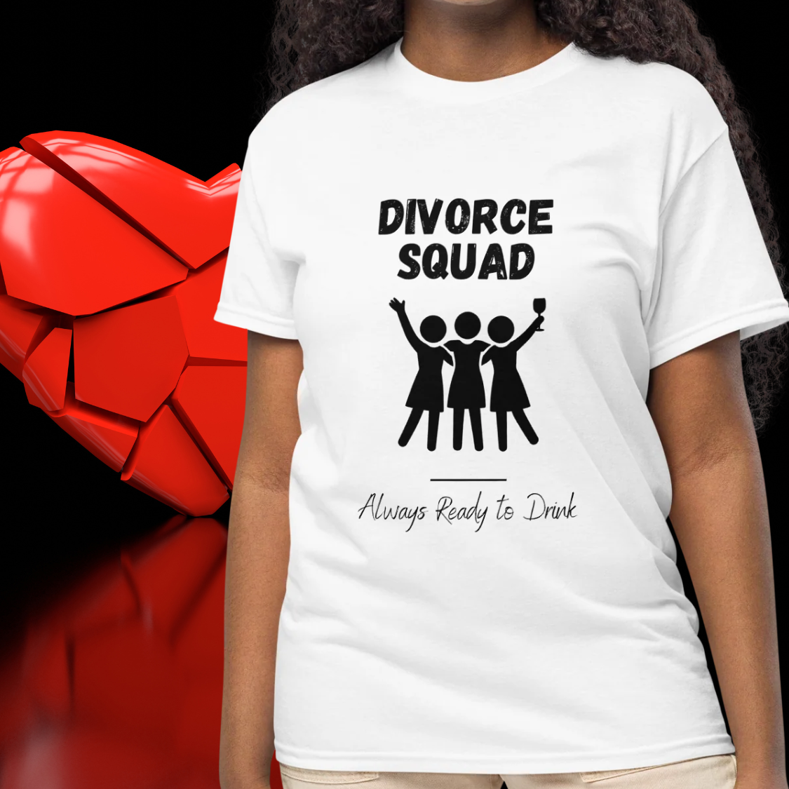 White Divorce Squad Always Ready to Drink t shirt with funny celebration illustration worn on model, perfect outfit for divorce party or girls night.