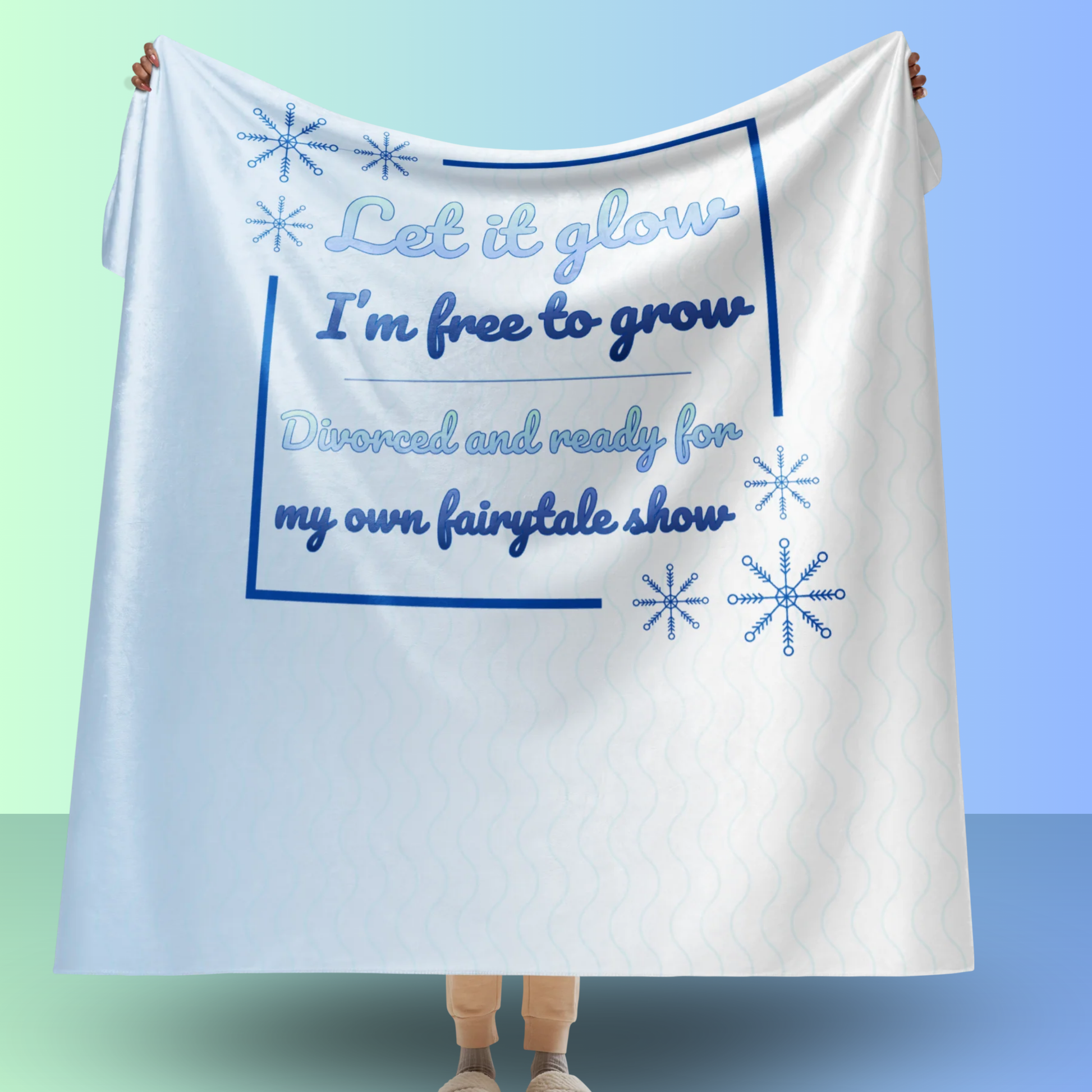 Blue divorce celebration blanket with Let it glow slogan shown as a product mockup, ideal for party decoration or keepsake