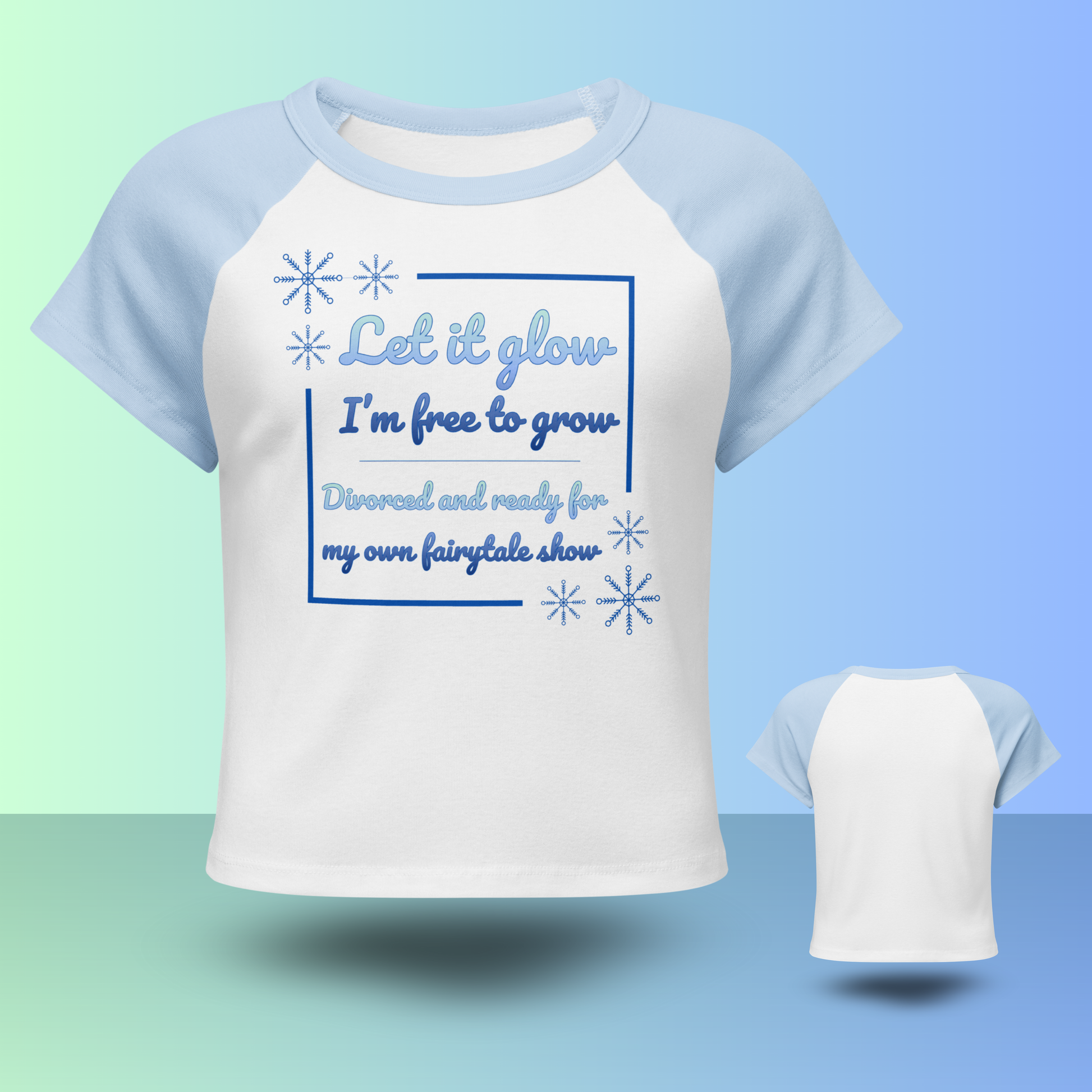 White and blue raglan divorce party t-shirt showing front Let it glow design with matching back and sleeve views
