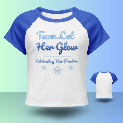White and blue raglan Team Let Her Glow shirt showing design details, perfect for coordinated divorce party outfits and group celebrations.