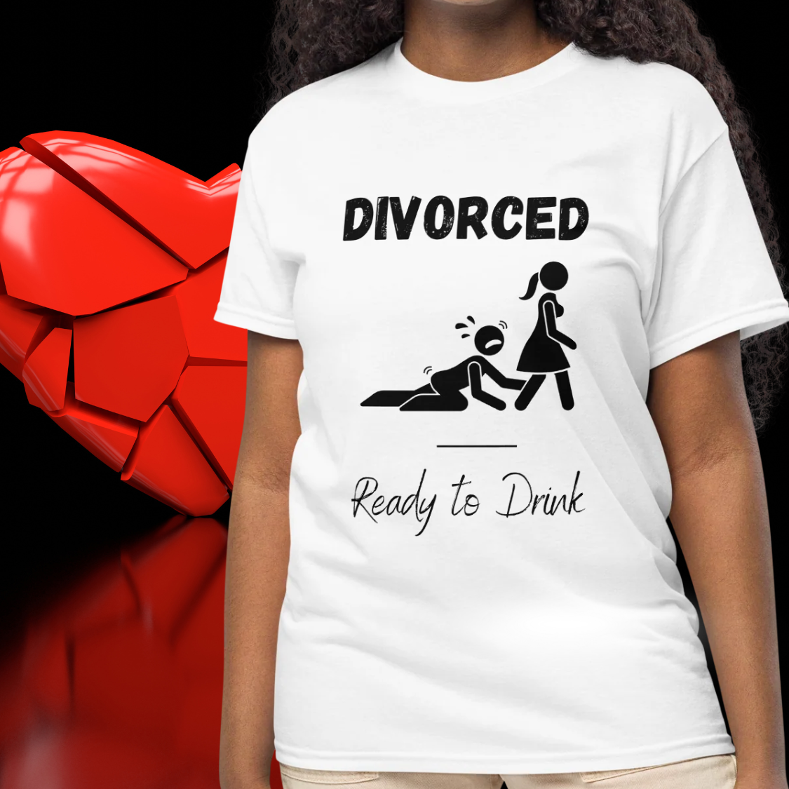 White Divorced Ready to Drink t shirt with funny divorce illustration worn on model, perfect outfit for divorce party or girls night celebration.