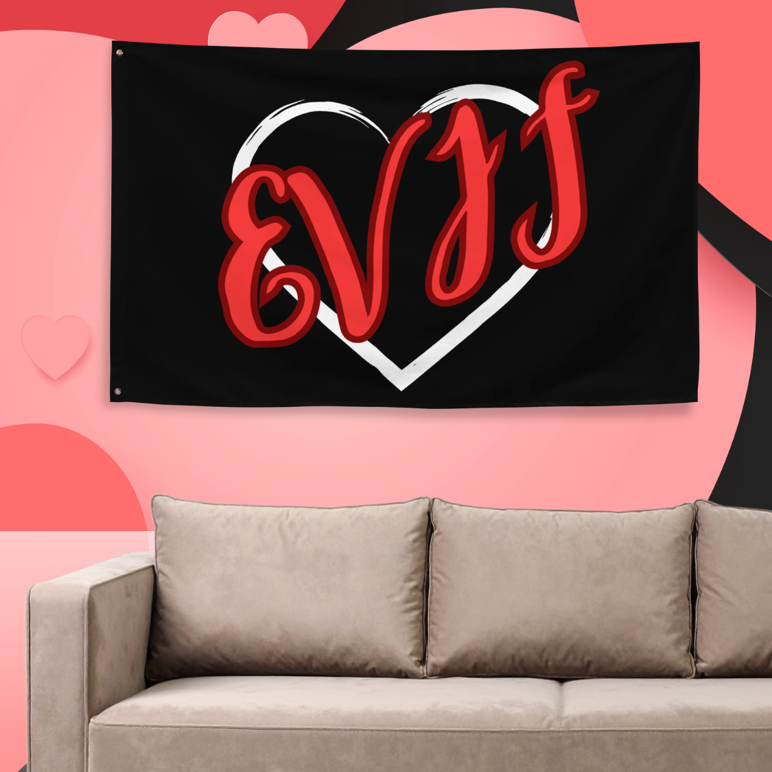 Drapeau noir EVJF avec ecriture rouge et coeur blanc accroche au mur au dessus dun canape, decoration ideale pour enterrement de vie de jeune fille.