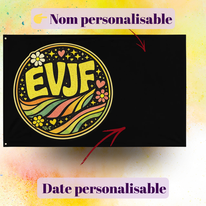 Drapeau EVJF personnalisable avec nom de la mariee et date, decoration enterrement de vie de jeune fille style retro, ideal pour fete entre amies fond noir