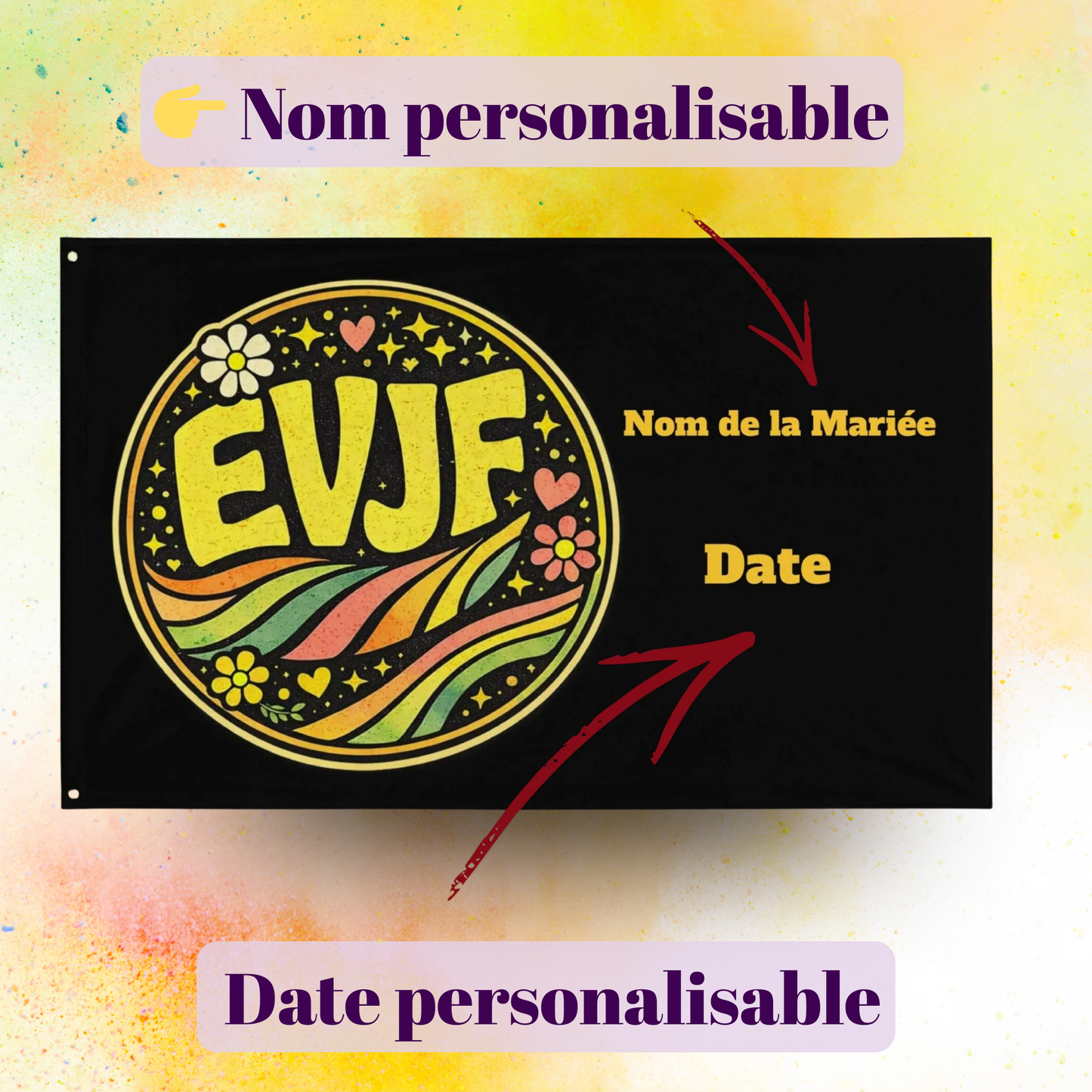 Drapeau EVJF personnalisable avec nom de la mariee et date, decoration enterrement de vie de jeune fille style retro, ideal pour fete entre amies fond noir