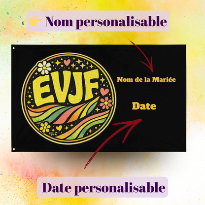 Drapeau EVJF personnalisable avec nom de la mariee et date, decoration enterrement de vie de jeune fille style retro, ideal pour fete entre amies fond noir
