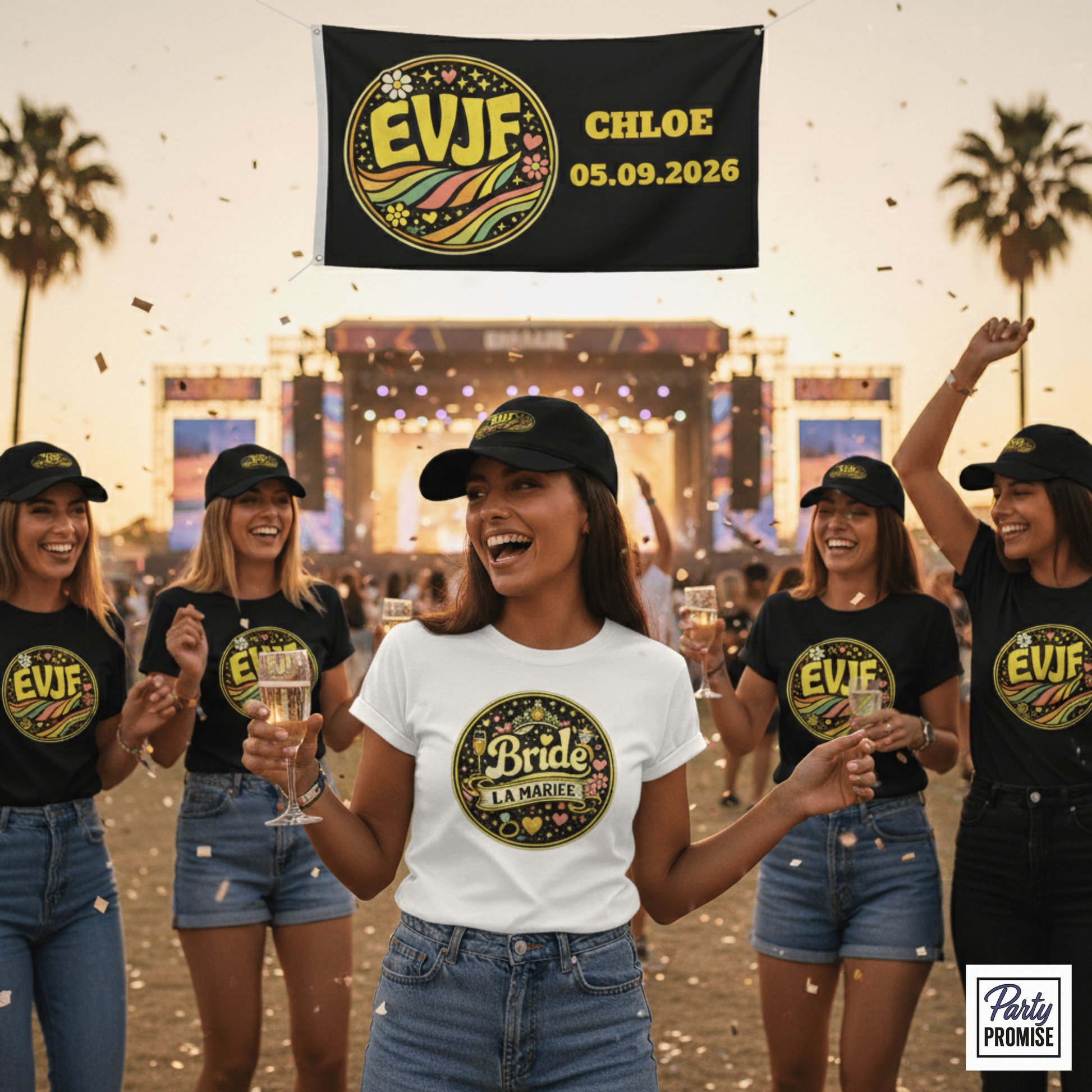 EVJF_Festival_Bride_et_Team_EVJF_en_T-shirts_assortis_personnalises pour la tema bride et le mariée