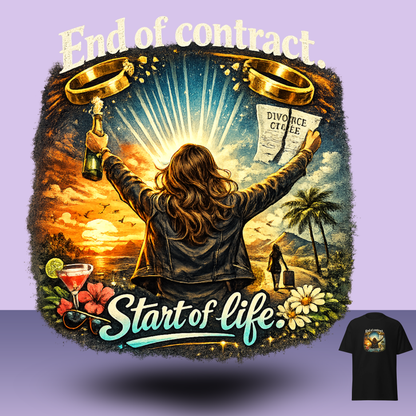Close up of colorful “End of Contract Start of Life” graphic on black t-shirt, symbolic freedom and new beginnings divorce party design.