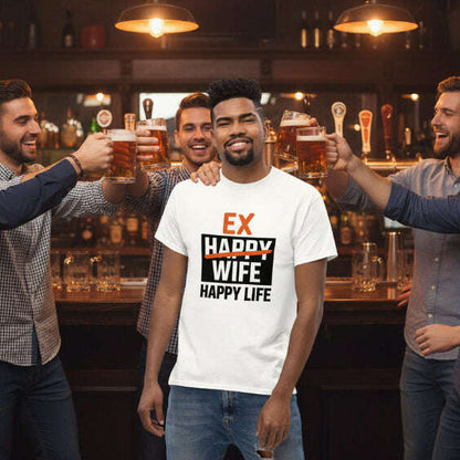 Man wearing an Ex Happy Wife Happy Life graphic t shirt while celebrating with friends at a bar, humorous outfit perfect for a divorce party or newly single celebration white.