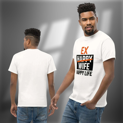 Front and back view of a man wearing an Ex Happy Wife Happy Life graphic t shirt with bold typography design, humorous outfit ideal for a divorce party or newly single celebration white.