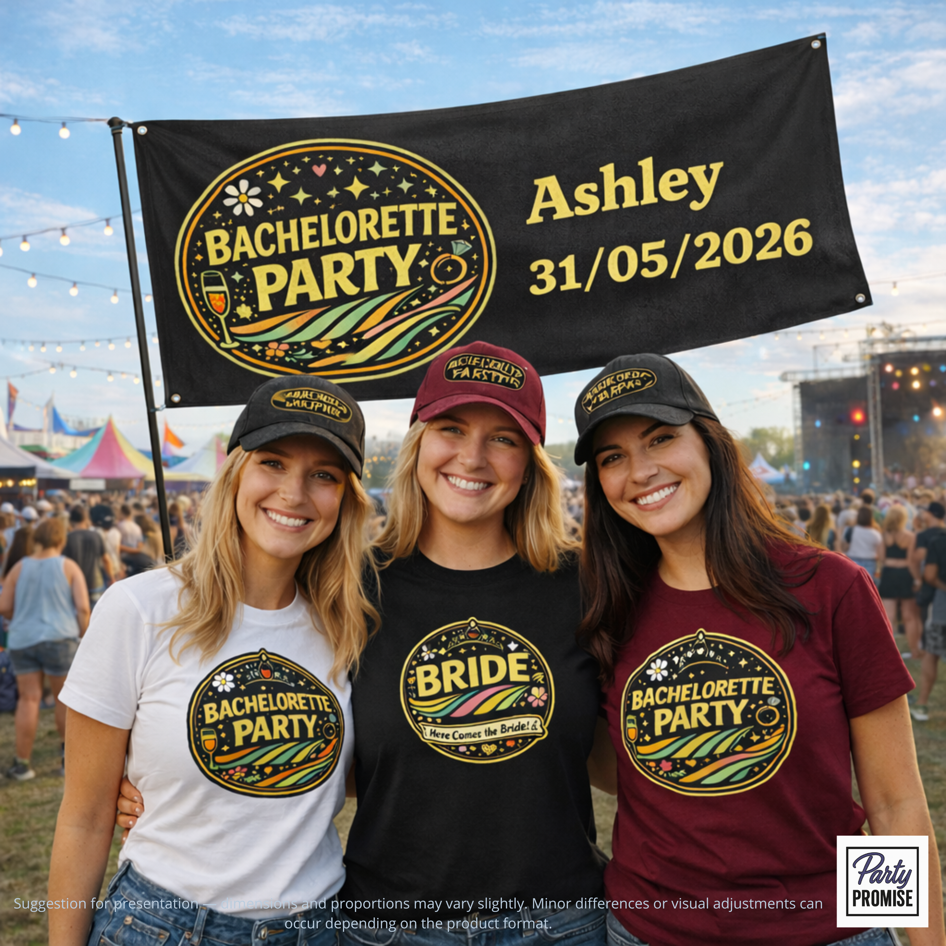 Festival_bachelorette_party_scene_with_bride_and_team_wearing_retro_round_design_t.2_Minor_differences_or_visual_adjustments_can_occur_depending_on_the_product_format.