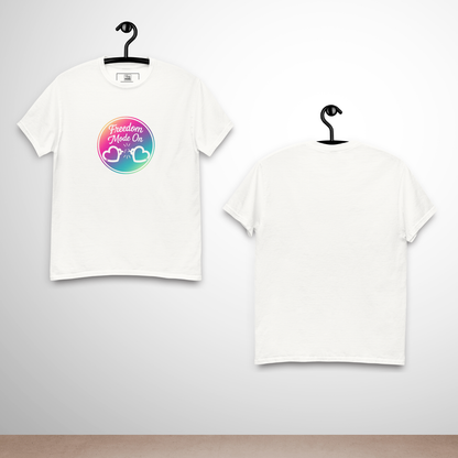 Front and back view of a Freedom Mode On graphic t shirt with colorful broken heart design representing independence and new beginnings, ideal for a divorce party or newly single celebration white.