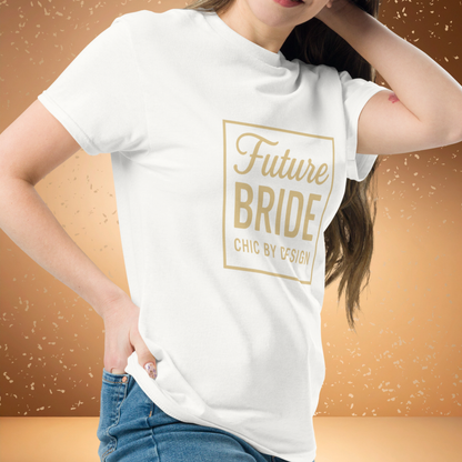 Woman wearing white Future Bride t-shirt with gold minimalist typography, stylish bridal outfit for hen party, girls night or wedding weekend.
