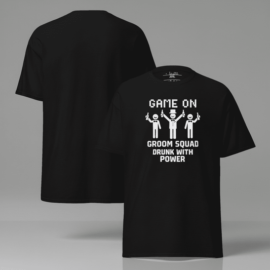 Black Game On Groom Squad t shirt with funny bachelor party design and pixel style graphic, EVG outfit for enterrement de vie de garcon, groom squad weekend and bachelor party celebration noir.
