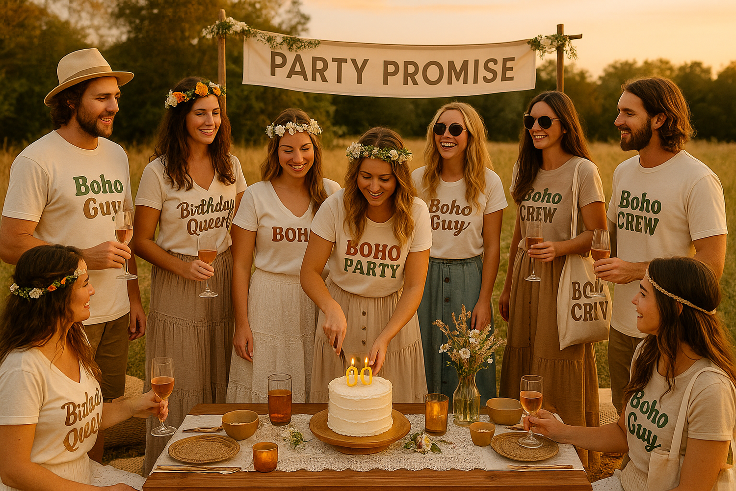 Célébrez en beauté avec une ambiance boho chic au coucher de soleil. Couronnes de fleurs, déco naturelle, gâteau central et bonne humeur s’unissent pour une fête élégante en plein air. L’esprit Party Promise dans toute sa magie, entre nature, style et authenticité. ✨