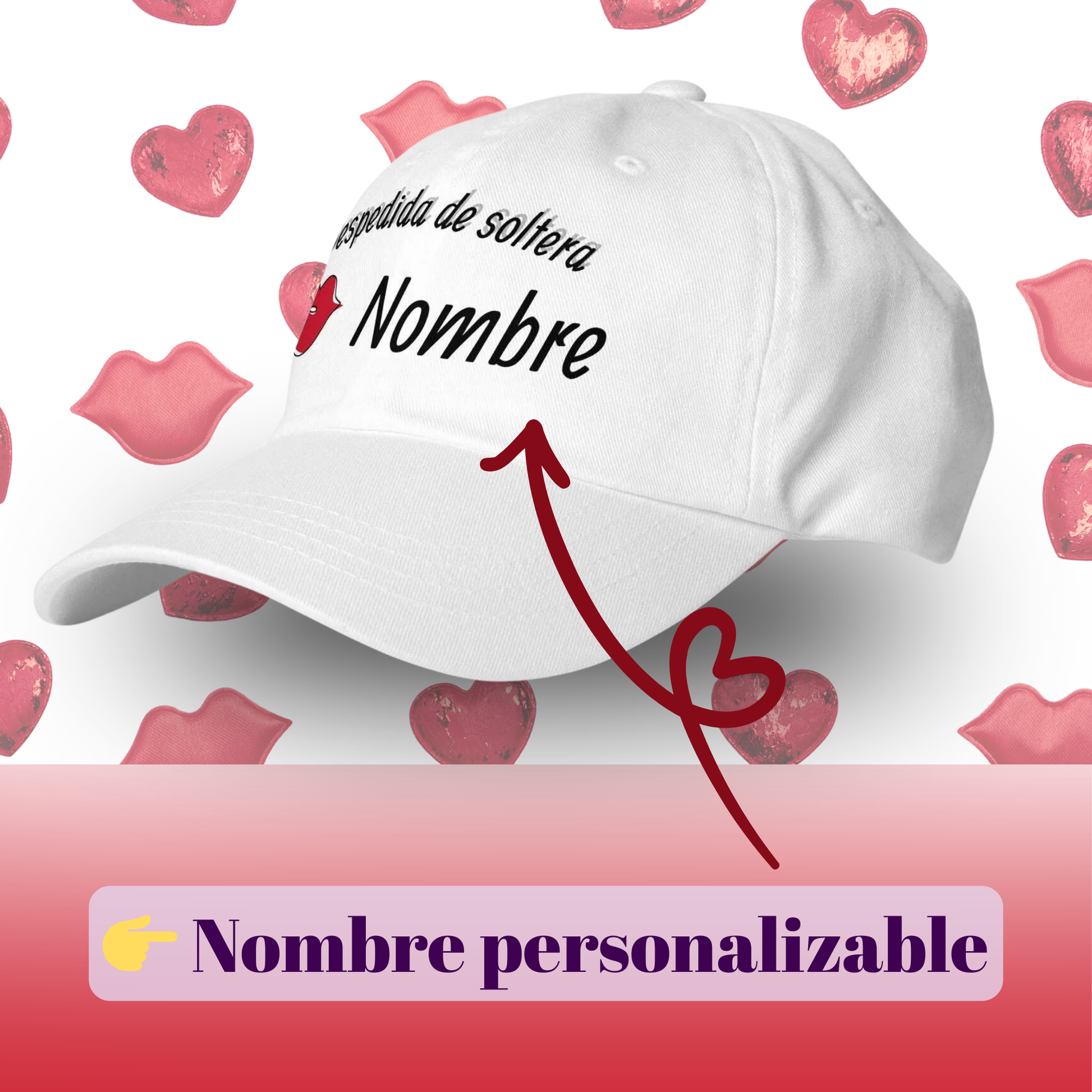 Gorra blanca personalizada para despedida de soltera con nombre editable y diseno de labios rojos, accesorio ideal para equipo de la novia y bachelorette party blanca