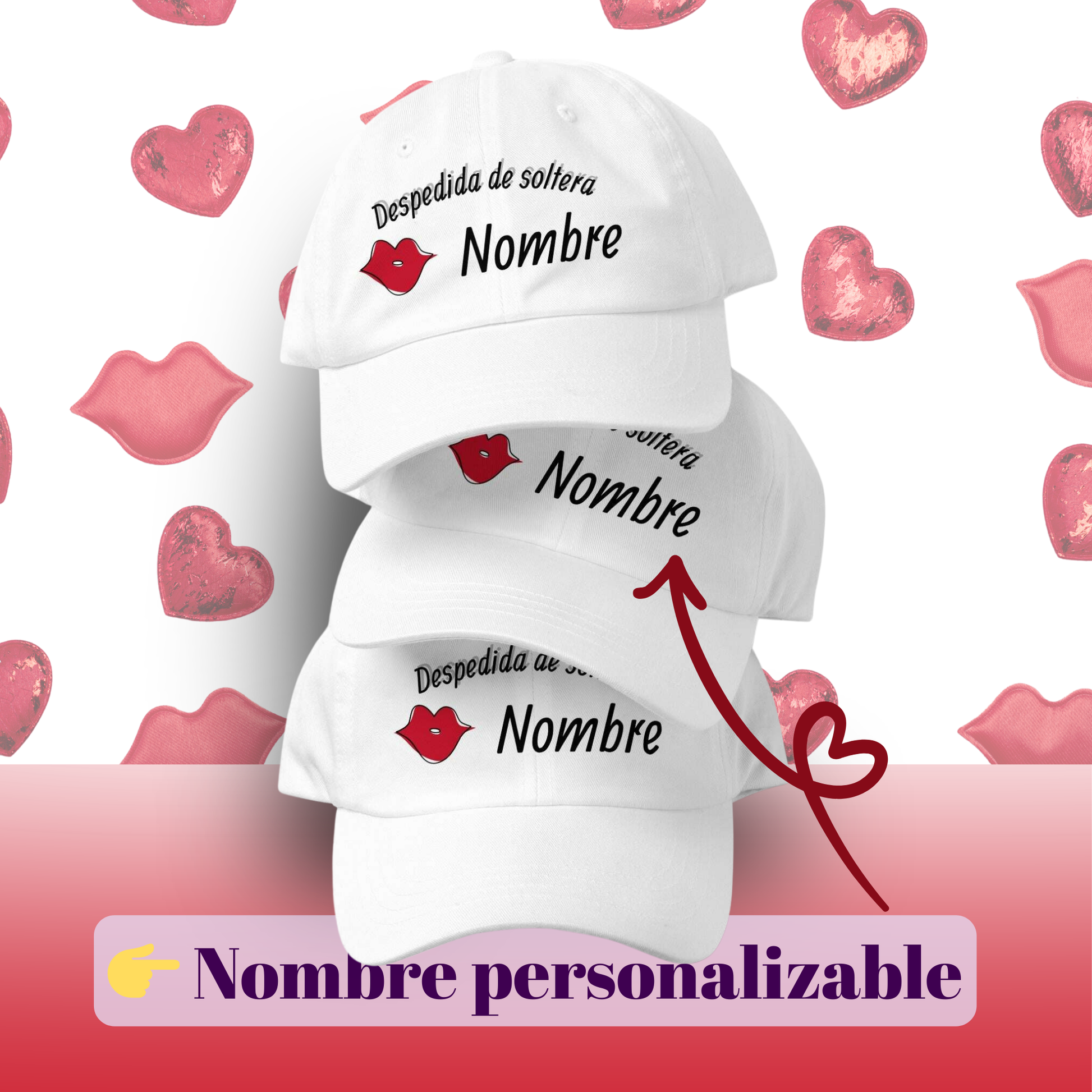 Gorra blanca personalizada para despedida de soltera con nombre editable y diseno de labios rojos, ideal para equipo de la novia y bachelorette party blanca