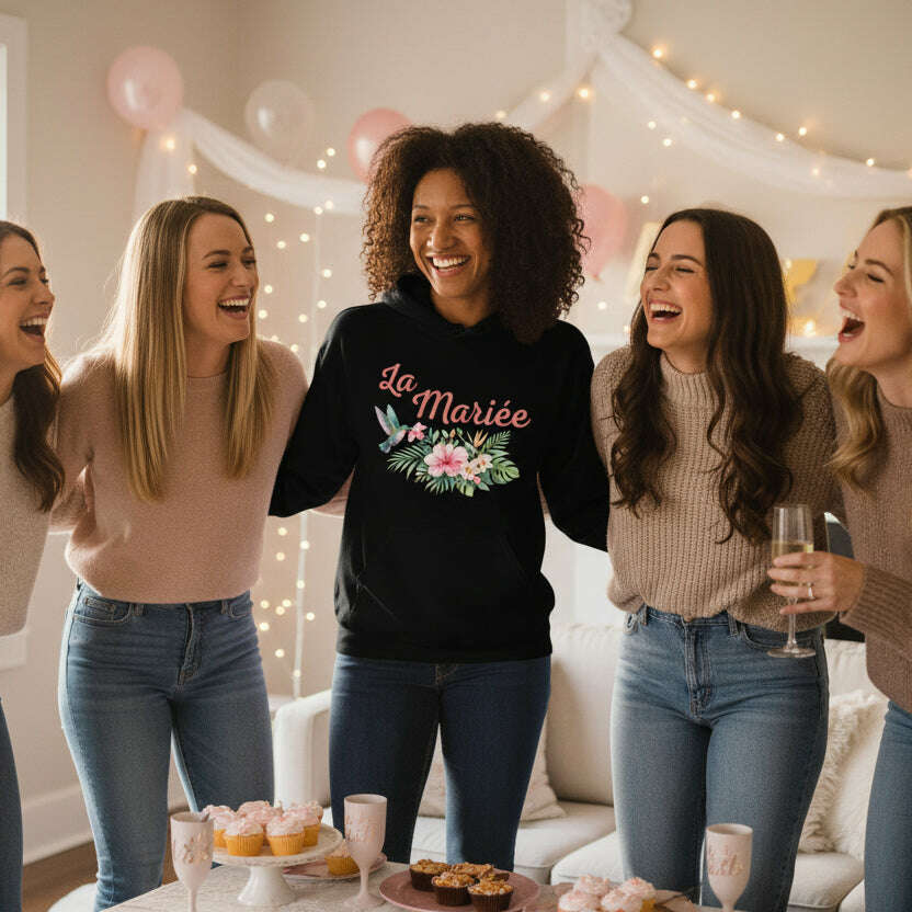 Future mariee portant un hoodie noir La Mariee avec motif floral tropical lors dun enterrement de vie de jeune fille, celebration entre amies ambiance cosy avec cupcakes et champagne noir.