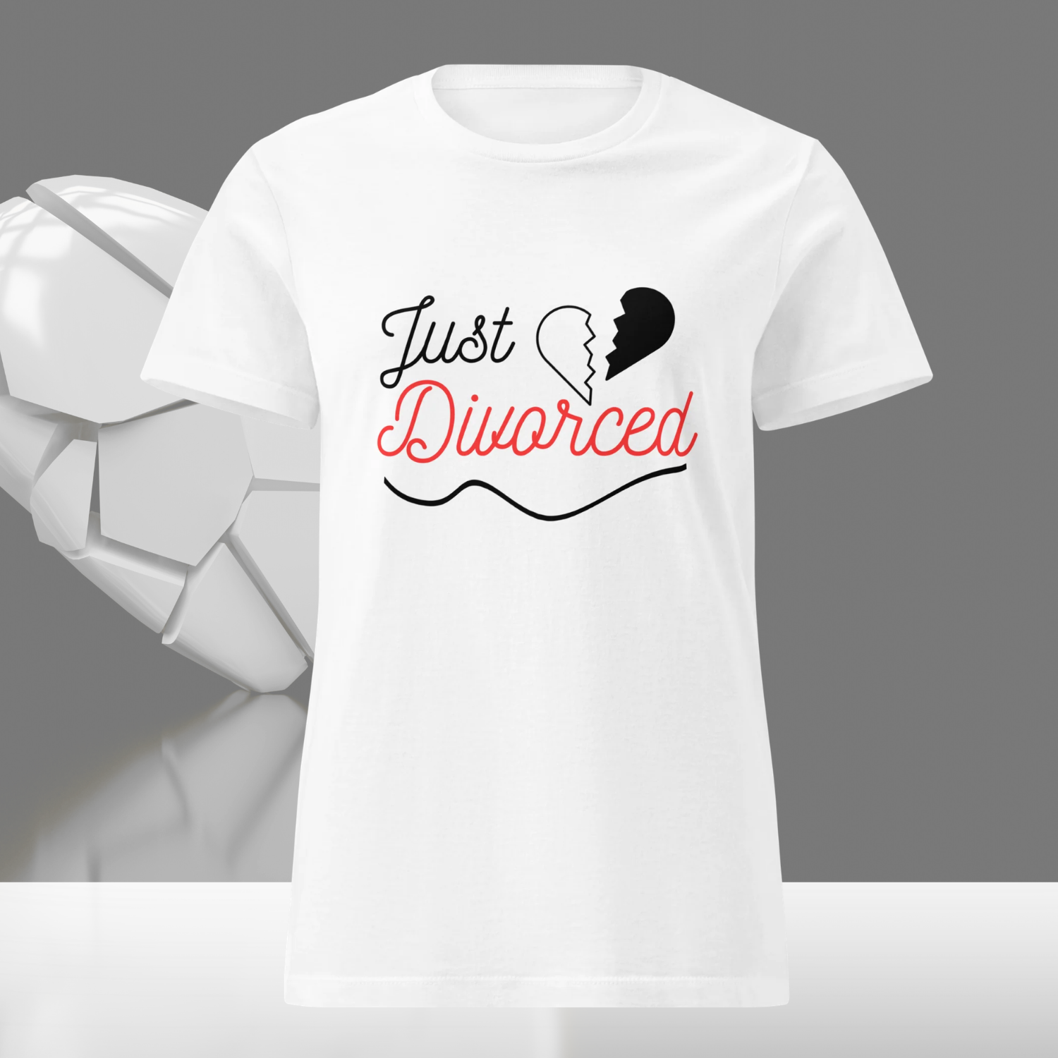 White Just Divorced t shirt with broken heart graphic displayed on white background, ideal funny shirt for divorce celebration.