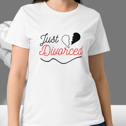 White Just Divorced t shirt with broken heart design worn on model, perfect outfit for divorce party celebration or girls night.