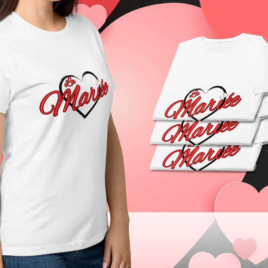White “La Mariee” t-shirt with red script lettering and black heart design worn on model, perfect outfit for EVJF, future bride and bachelorette party.