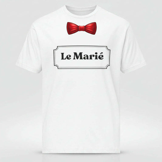 White Le Marie t shirt with red bow tie design, groom outfit for bachelor party, enterrement de vie de garcon and wedding weekend celebration white.