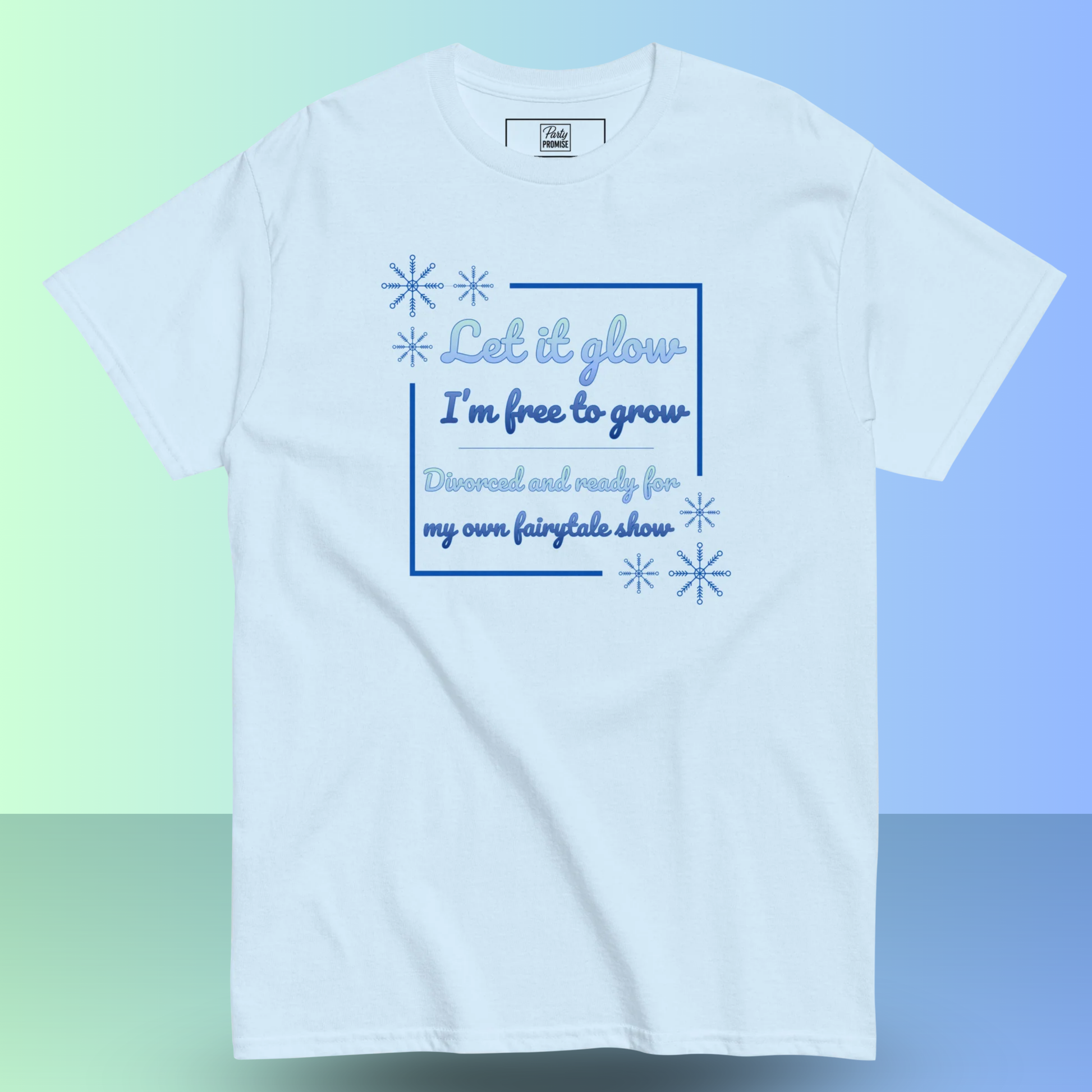 Celebrate your new chapter with the Let It Glow divorce party t-shirt featuring a fairytale inspired slogan and snowflake design. Perfect outfit for divorce celebrations, girls night, or newly divorced gifts. Soft, comfortable and ideal for marking a fresh start in style.