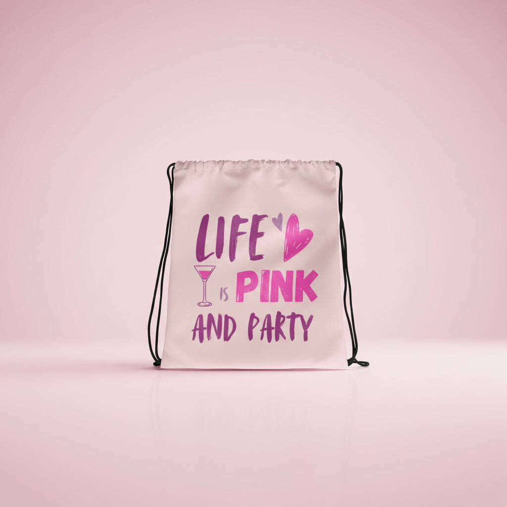 Minimalist white drawstring backpack featuring “Life is Pink and Party” design, perfect bag for girls night, bachelorette weekend or festival outfit.