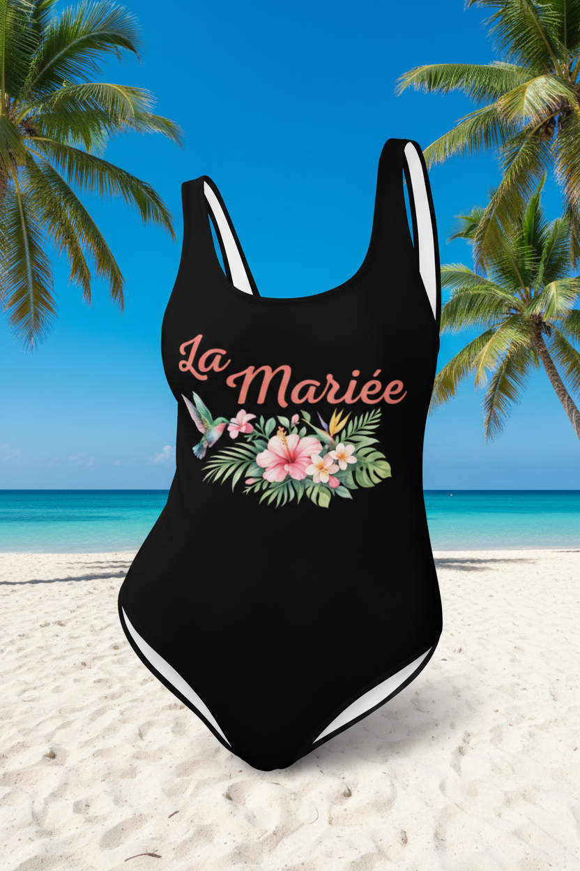 Maillot de bain une pièce La Mariée avec design floral tropical et colibri présenté sur décor plage, parfait pour EVJF et pool party.