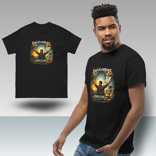 Man wearing black “End of Contract. Start of Life.” t-shirt for a divorce party celebration.