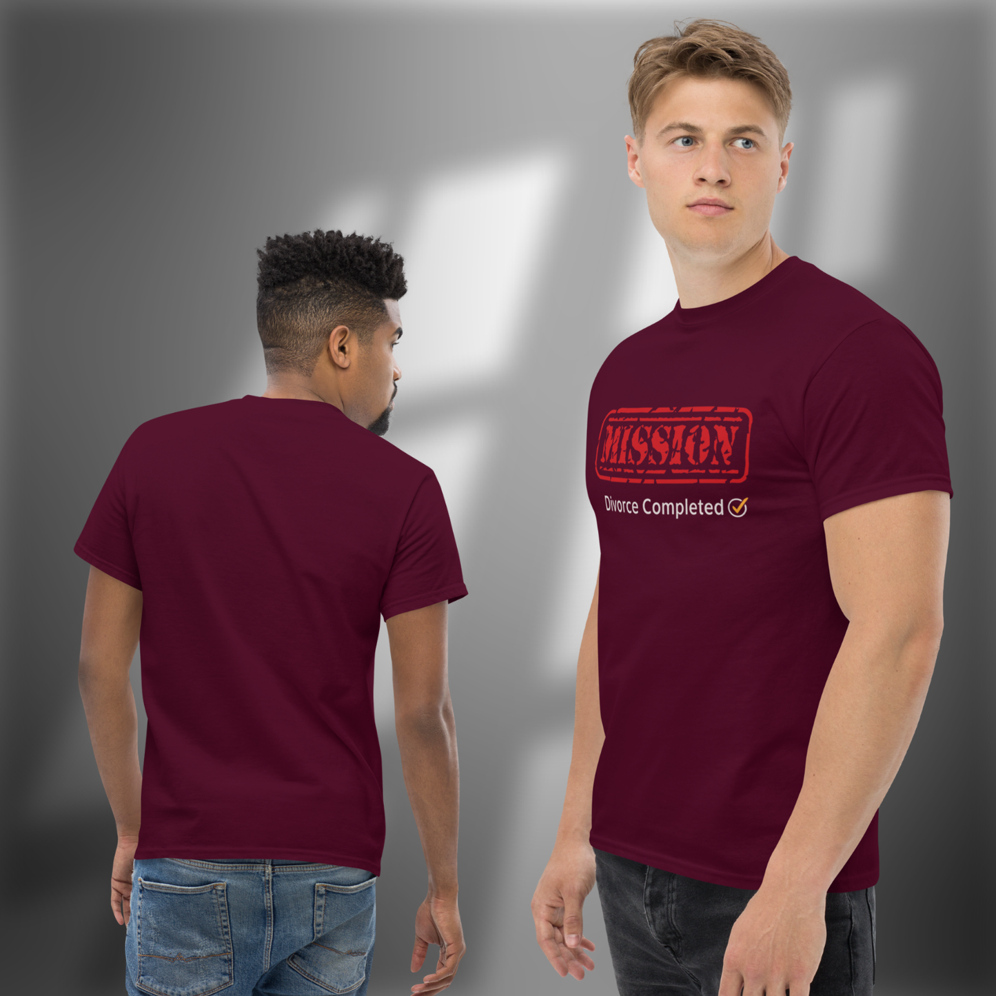 Front and back view of a man wearing a Mission Divorce Completed graphic t shirt with bold red stamp design, humorous shirt ideal for a divorce party or newly single celebration burgundy.