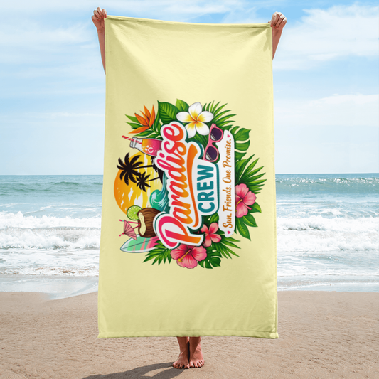 Paradise Crew tropical beach towel with floral and palm design, perfect for bachelorette party at the beach, pool party, girls trip and summer vacation