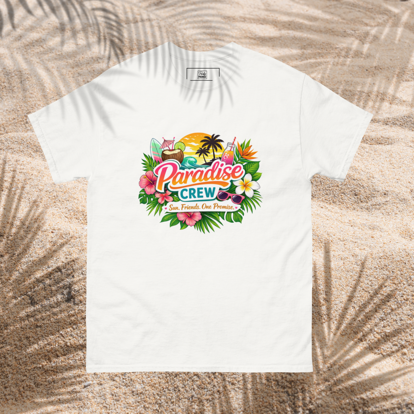 Bright white Paradise Crew tropical graphic t shirt with palm trees, flowers and summer beach elements, perfect for a girls trip, bachelorette party or destination celebration white.