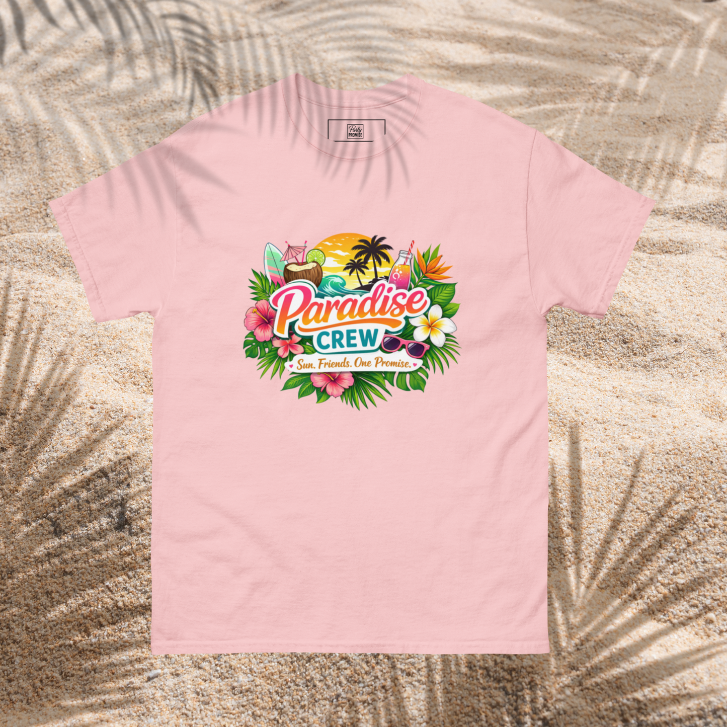 Bright light pink Paradise Crew tropical graphic t shirt with palm trees, flowers and summer beach elements, perfect for a girls trip, bachelorette party or destination celebration light pink