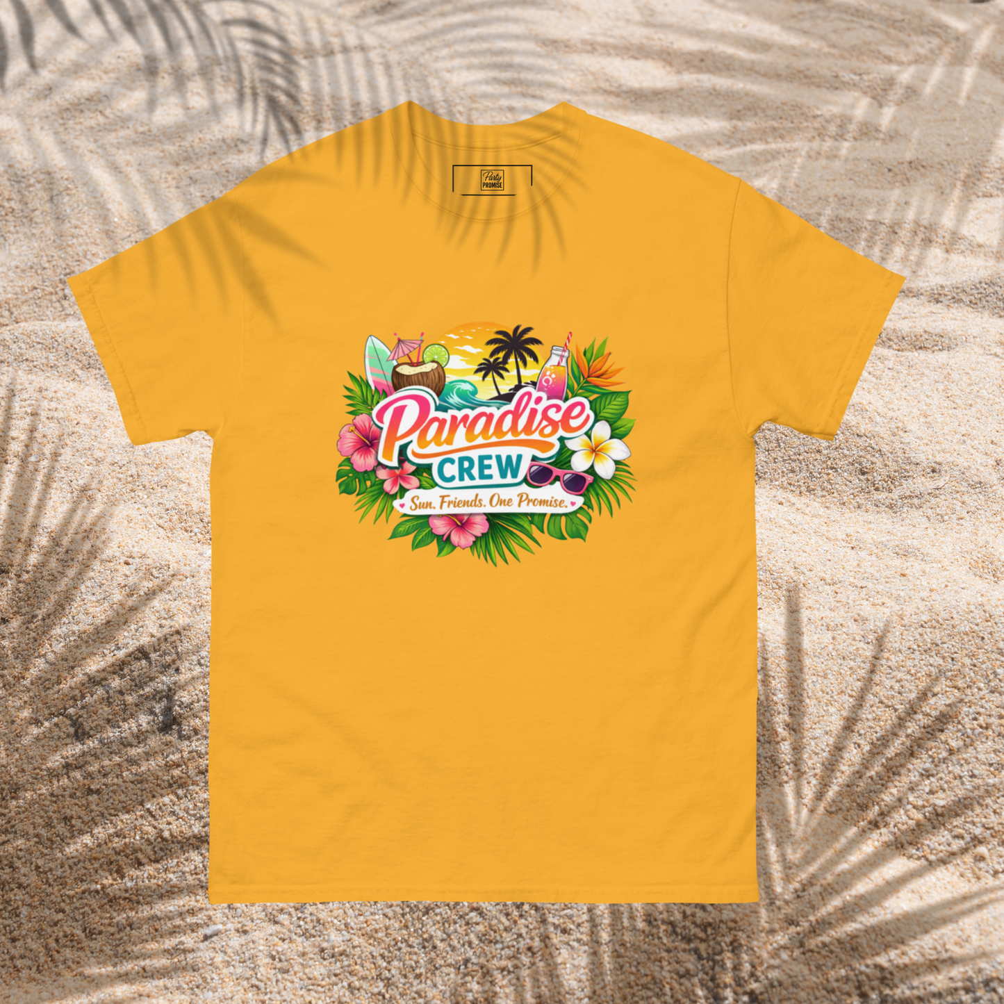 Bright yellow Paradise Crew tropical graphic t shirt with palm trees, flowers and summer beach elements, perfect for a girls trip, bachelorette party or destination celebration yellow