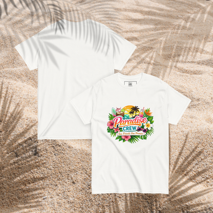 Bright white Paradise Crew tropical graphic t shirt with palm trees, flowers and summer beach elements, perfect for a girls trip, bachelorette party or destination celebration white