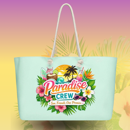 Mint green canvas tote bag with colorful Paradise Crew floral design, ideal for beach bachelorette parties, bride squad vacations, and summer getaway weekends.